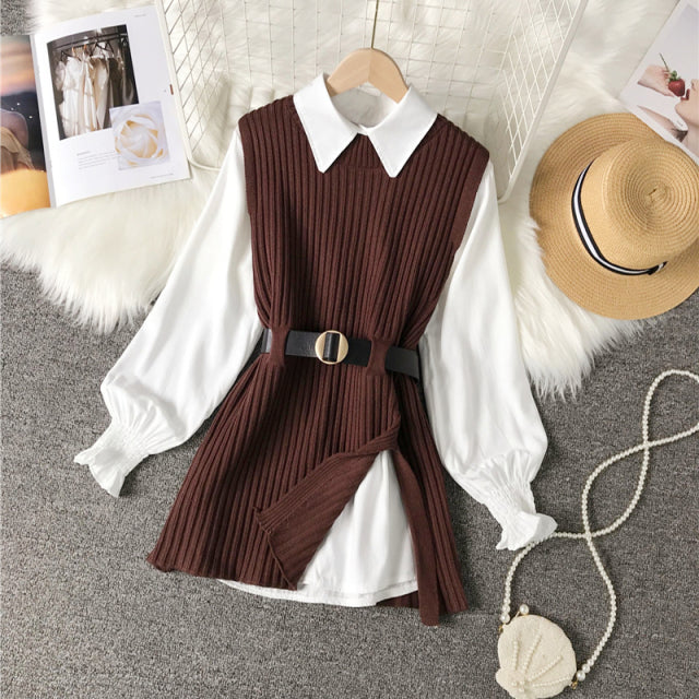 Long lantern sleeve shirt women knitted vest 2 two piece set 2022 spring autumn womens Shirts sets Sleeveless Sweater tops