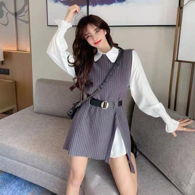 Long lantern sleeve shirt women knitted vest 2 two piece set 2022 spring autumn womens Shirts sets Sleeveless Sweater tops