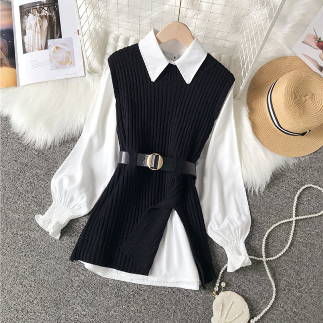 Long lantern sleeve shirt women knitted vest 2 two piece set 2022 spring autumn womens Shirts sets Sleeveless Sweater tops