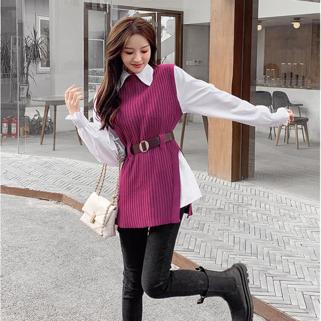 Long lantern sleeve shirt women knitted vest 2 two piece set 2022 spring autumn womens Shirts sets Sleeveless Sweater tops