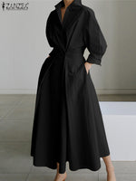 Oversized Elegant Women Autumn Sundress ZANZEA Fashion Lapel Neck Long Sleeve Solid Long Shirt Dress OL Vestidos Robe Femme