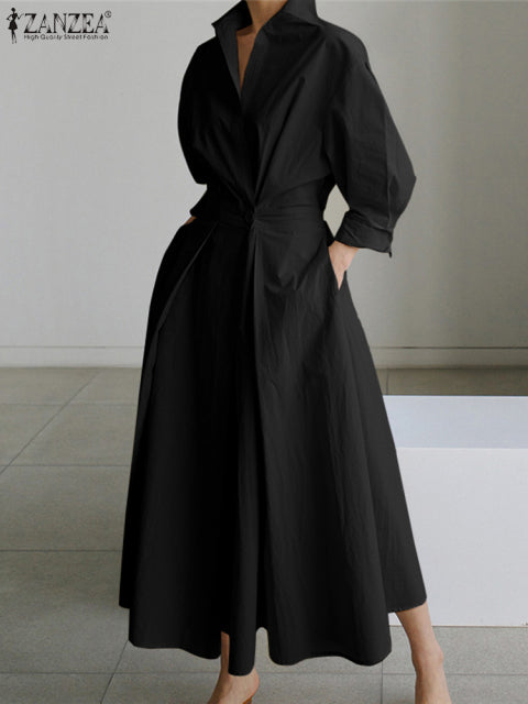 Oversized Elegant Women Autumn Sundress ZANZEA Fashion Lapel Neck Long Sleeve Solid Long Shirt Dress OL Vestidos Robe Femme