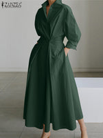 Oversized Elegant Women Autumn Sundress ZANZEA Fashion Lapel Neck Long Sleeve Solid Long Shirt Dress OL Vestidos Robe Femme
