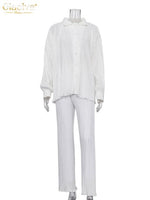 Clacive Causal Loose Home Suit Autumn Long Sleeve Blouse With High Wasit Pants Set Women Elegant Pleated Beige 2 Piece Pant Sets