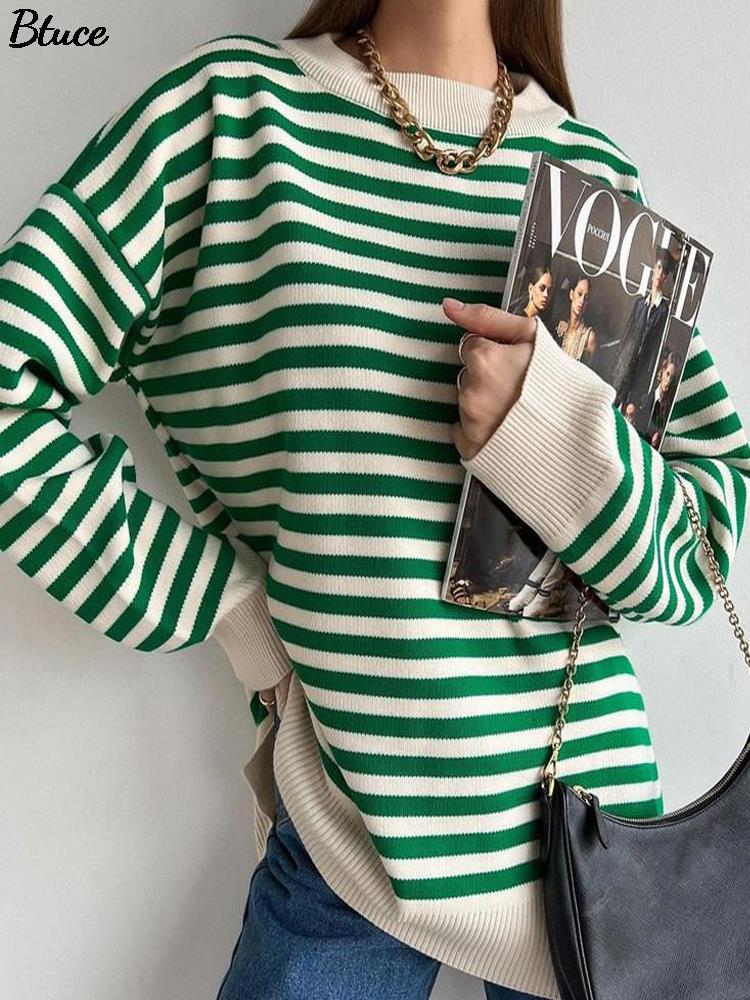 O Neck Vintage Striped Sweater Pullovers For Women Casual Loose Long Sleeves Jumpers Autumn Female Drop Shoulder Kintting Tops