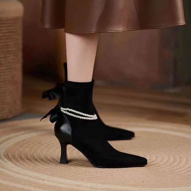 High Heels Dress Shoes Pointed Toe Bare Boots Black Booties Thin Heeled Fashion Ankle Boots Retro Ladies Shoes Botas