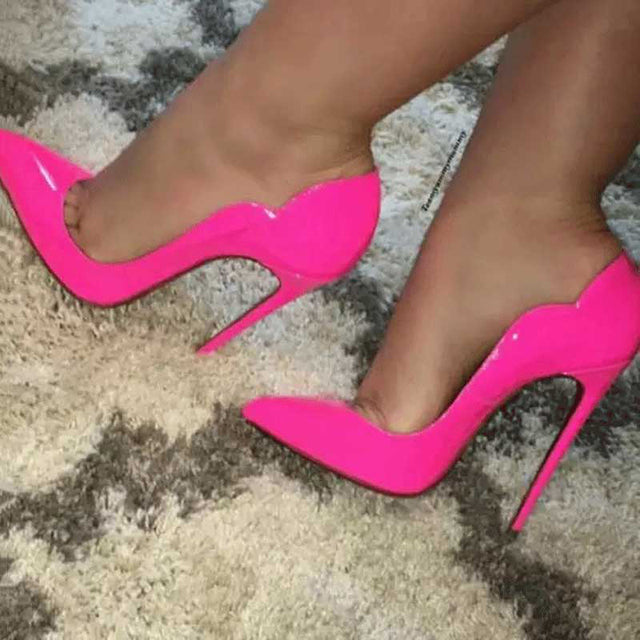 Veowalk Pink Curl Upper Women Patent Pointed Toe Stiletto High Heels Sexy Ladies Party Dress Shoes Club Dance Pumps Plus Size