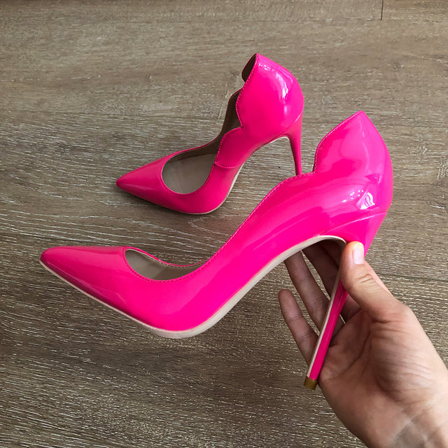 Veowalk Pink Curl Upper Women Patent Pointed Toe Stiletto High Heels Sexy Ladies Party Dress Shoes Club Dance Pumps Plus Size