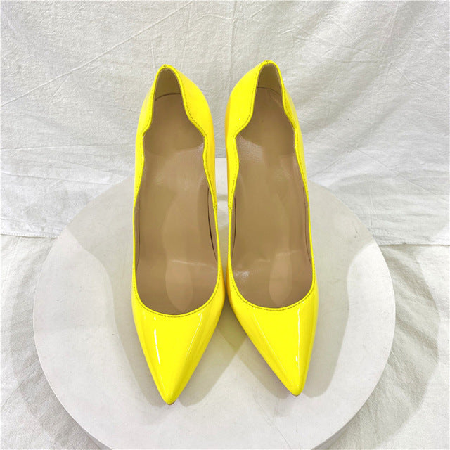 Veowalk Pink Curl Upper Women Patent Pointed Toe Stiletto High Heels Sexy Ladies Party Dress Shoes Club Dance Pumps Plus Size
