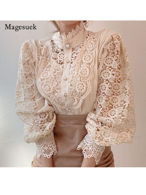 Petal Sleeve Stand Collar Hollow Out Flower Lace Patchwork Shirt Femme Blusas All-match Women Lace Blouse Button White Top 12419