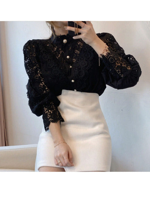 Petal Sleeve Stand Collar Hollow Out Flower Lace Patchwork Shirt Femme Blusas All-match Women Lace Blouse Button White Top 12419