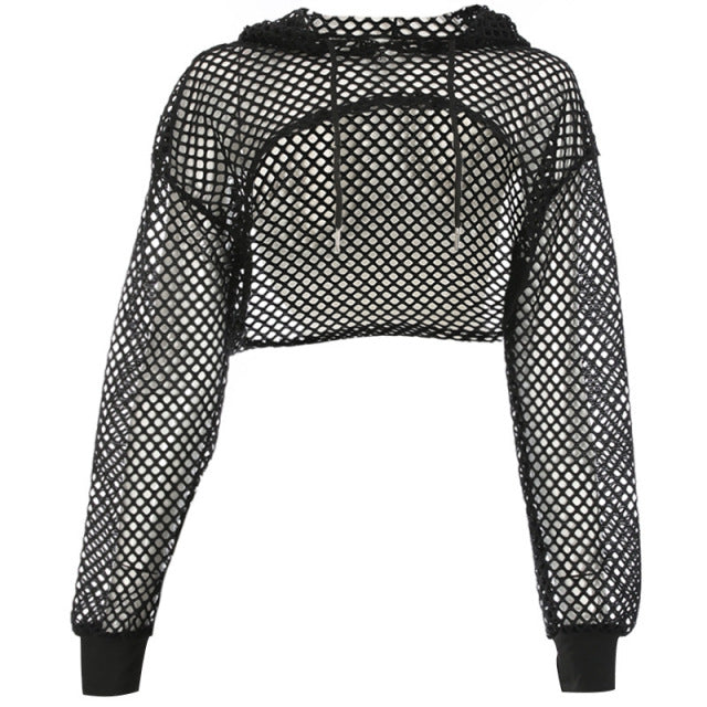 Women Sexy Long Sleeve Fishnet Mesh Hoodies Athletic Cover Up Crop Tops Hollow Out Smocks for  Lady Sporty Beach Sweatshirts