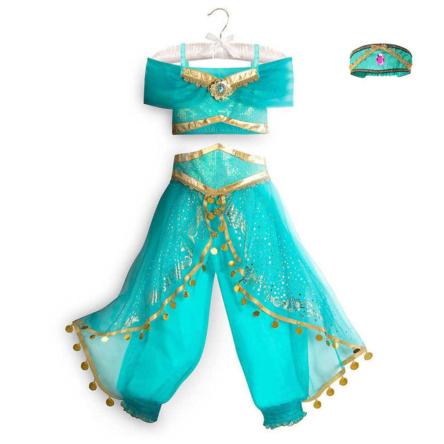 Kids Jasmine Dress Aladdin Princess Magic Lamp Girls Birthday Party Cosplay Costume Top+Pant+Headband Carnival Clothing Vestidos