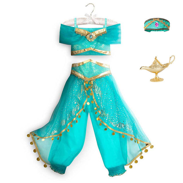 Kids Jasmine Dress Aladdin Princess Magic Lamp Girls Birthday Party Cosplay Costume Top+Pant+Headband Carnival Clothing Vestidos