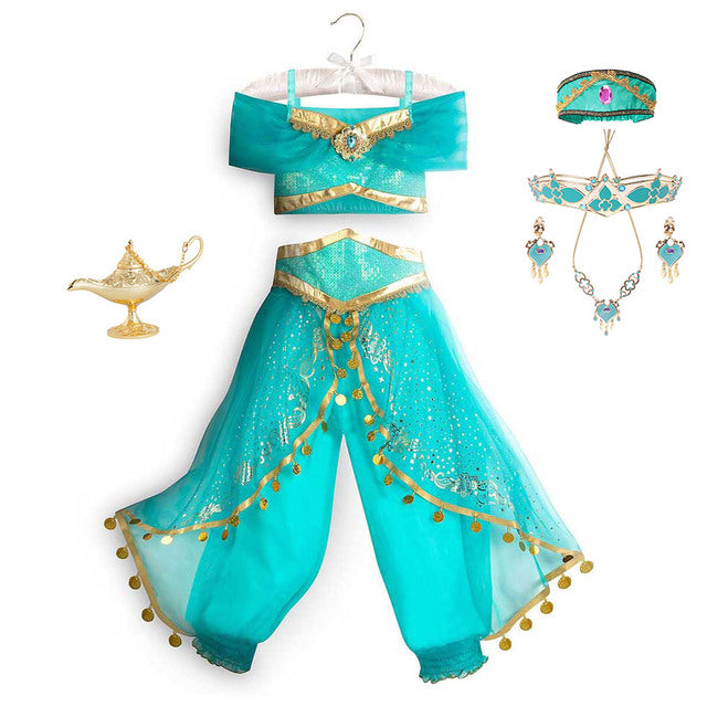 Kids Jasmine Dress Aladdin Princess Magic Lamp Girls Birthday Party Cosplay Costume Top+Pant+Headband Carnival Clothing Vestidos