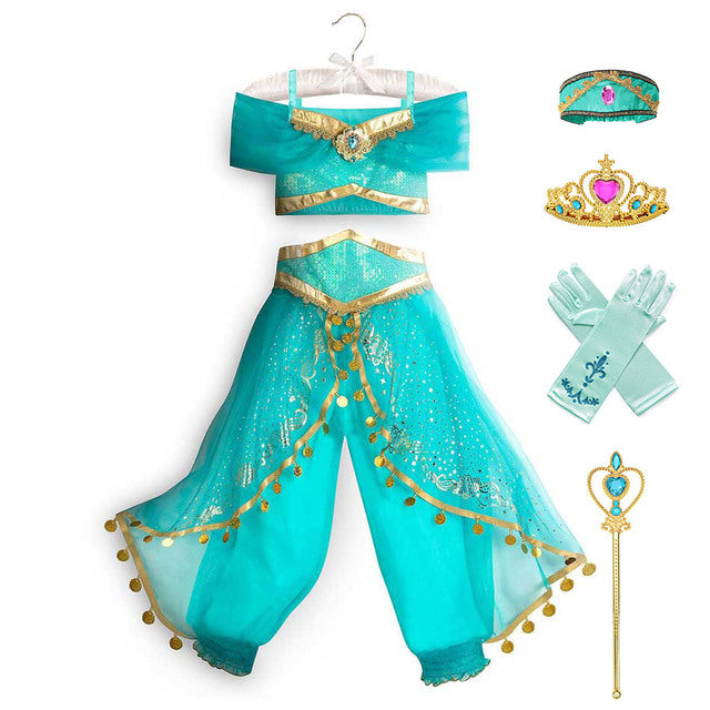 Kids Jasmine Dress Aladdin Princess Magic Lamp Girls Birthday Party Cosplay Costume Top+Pant+Headband Carnival Clothing Vestidos