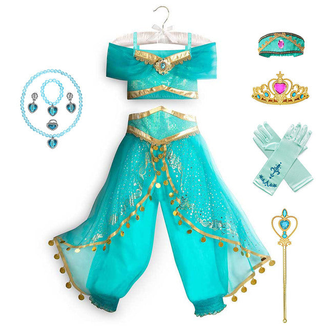 Kids Jasmine Dress Aladdin Princess Magic Lamp Girls Birthday Party Cosplay Costume Top+Pant+Headband Carnival Clothing Vestidos