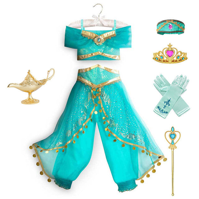 Kids Jasmine Dress Aladdin Princess Magic Lamp Girls Birthday Party Cosplay Costume Top+Pant+Headband Carnival Clothing Vestidos