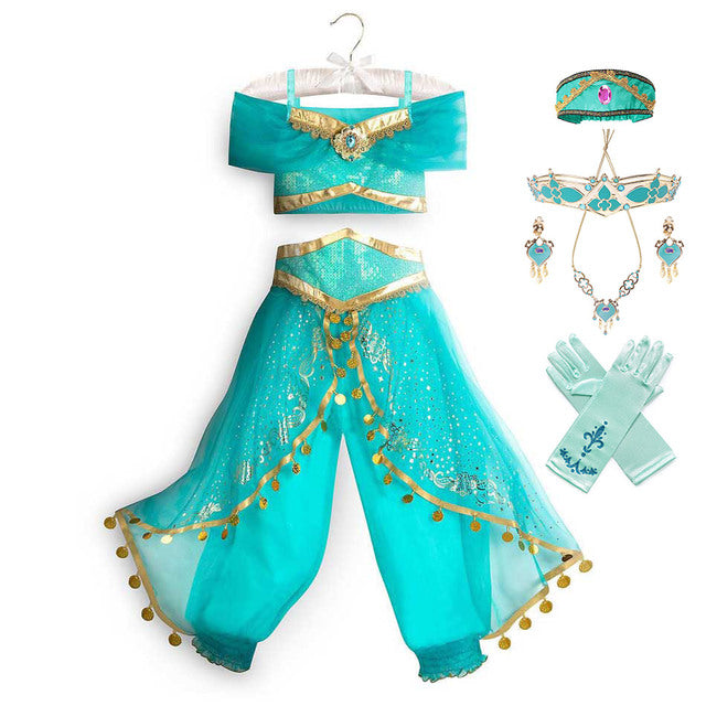 Kids Jasmine Dress Aladdin Princess Magic Lamp Girls Birthday Party Cosplay Costume Top+Pant+Headband Carnival Clothing Vestidos