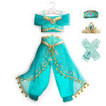 Kids Jasmine Dress Aladdin Princess Magic Lamp Girls Birthday Party Cosplay Costume Top+Pant+Headband Carnival Clothing Vestidos