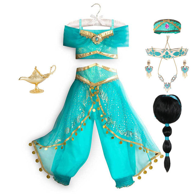 Kids Jasmine Dress Aladdin Princess Magic Lamp Girls Birthday Party Cosplay Costume Top+Pant+Headband Carnival Clothing Vestidos