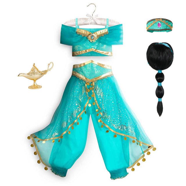 Kids Jasmine Dress Aladdin Princess Magic Lamp Girls Birthday Party Cosplay Costume Top+Pant+Headband Carnival Clothing Vestidos