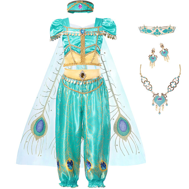 Kids Jasmine Dress Aladdin Princess Magic Lamp Girls Birthday Party Cosplay Costume Top+Pant+Headband Carnival Clothing Vestidos