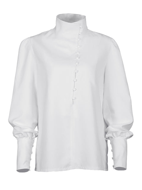 OOTN Elegant Turtleneck Blouse Long Sleeve White Shirt Office Ladies Tops Casual 2022 Single-Breasted Puff Sleeve Women Blouse