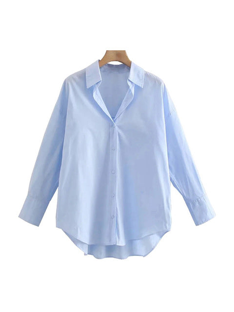 TRAF Women Fashion Loose Asymmetry Poplin Blouses Vintage Long Sleeve Button-up Female Shirts Blusas Chic Tops