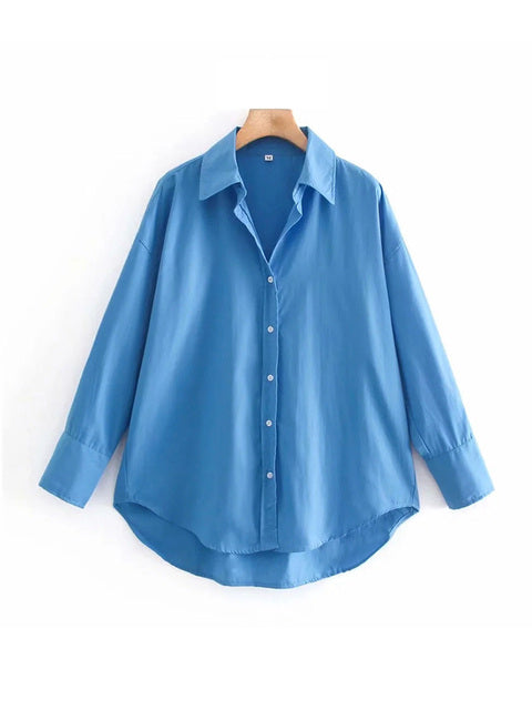 TRAF Women Fashion Loose Asymmetry Poplin Blouses Vintage Long Sleeve Button-up Female Shirts Blusas Chic Tops