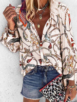 2022 New Design Plus Size Women Blouse V-neck Long Sleeve Chains Print Loose Casual Shirts Womens Tops And Blouses