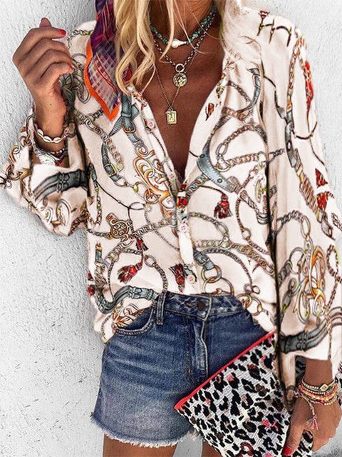 2022 New Design Plus Size Women Blouse V-neck Long Sleeve Chains Print Loose Casual Shirts Womens Tops And Blouses