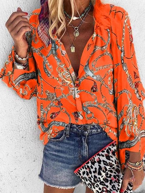 2022 New Design Plus Size Women Blouse V-neck Long Sleeve Chains Print Loose Casual Shirts Womens Tops And Blouses