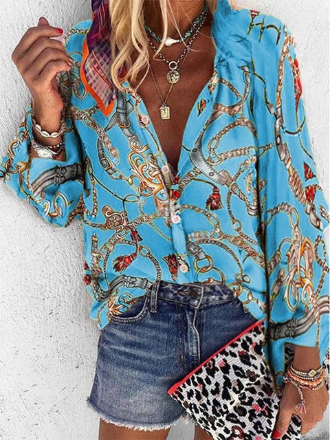 2022 New Design Plus Size Women Blouse V-neck Long Sleeve Chains Print Loose Casual Shirts Womens Tops And Blouses