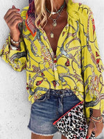 2022 New Design Plus Size Women Blouse V-neck Long Sleeve Chains Print Loose Casual Shirts Womens Tops And Blouses