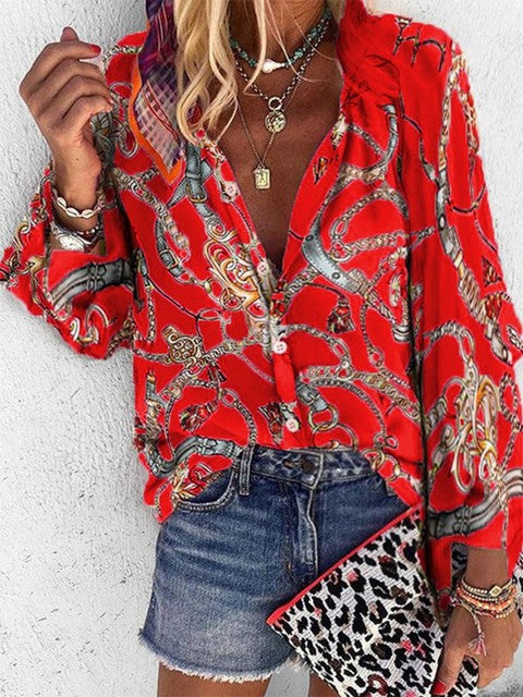 2022 New Design Plus Size Women Blouse V-neck Long Sleeve Chains Print Loose Casual Shirts Womens Tops And Blouses