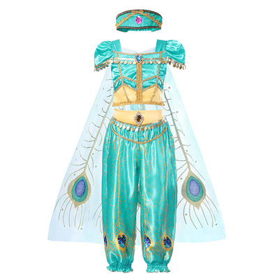 Kids Jasmine Dress Aladdin Princess Magic Lamp Girls Birthday Party Cosplay Costume Top+Pant+Headband Carnival Clothing Vestidos