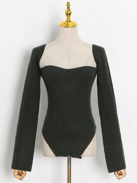 TWOTWINSTYLE White Side Split Knitted Women's Sweater Square Collar Long Sleeve Sweaters Female Autumn Fashion New Clothes 2022