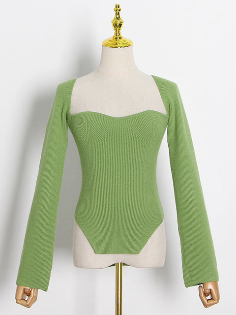 TWOTWINSTYLE White Side Split Knitted Women's Sweater Square Collar Long Sleeve Sweaters Female Autumn Fashion New Clothes 2022