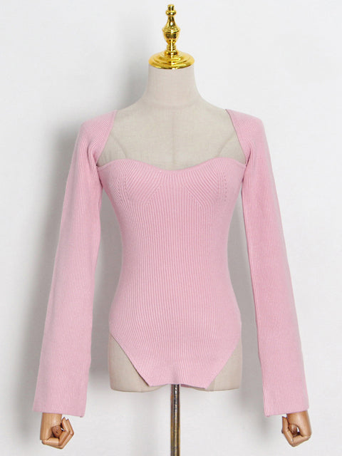 TWOTWINSTYLE White Side Split Knitted Women's Sweater Square Collar Long Sleeve Sweaters Female Autumn Fashion New Clothes 2022