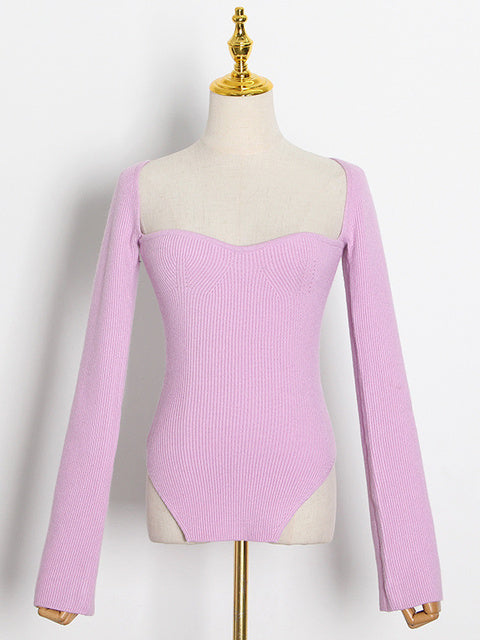 TWOTWINSTYLE White Side Split Knitted Women's Sweater Square Collar Long Sleeve Sweaters Female Autumn Fashion New Clothes 2022