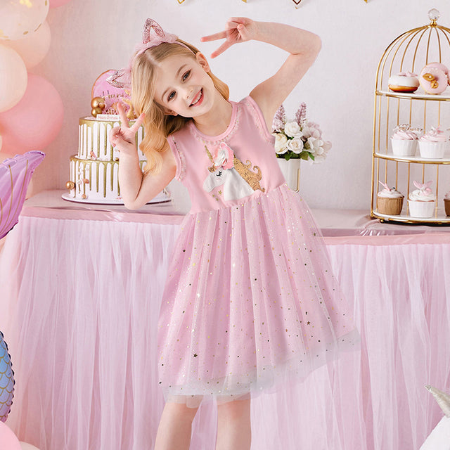 DXTON Girls Clothes 2022 New Summer Princess Dresses Flying Sleeve Kids Dress Unicorn Party Girls Dresses Children Clothing 3-8Y