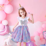 DXTON Girls Clothes 2022 New Summer Princess Dresses Flying Sleeve Kids Dress Unicorn Party Girls Dresses Children Clothing 3-8Y