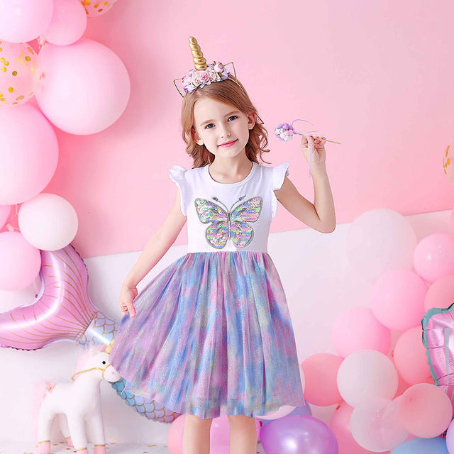 DXTON Girls Clothes 2022 New Summer Princess Dresses Flying Sleeve Kids Dress Unicorn Party Girls Dresses Children Clothing 3-8Y