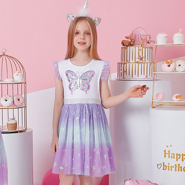 DXTON Girls Clothes 2022 New Summer Princess Dresses Flying Sleeve Kids Dress Unicorn Party Girls Dresses Children Clothing 3-8Y