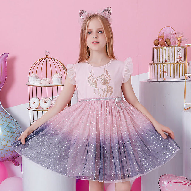 DXTON Girls Clothes 2022 New Summer Princess Dresses Flying Sleeve Kids Dress Unicorn Party Girls Dresses Children Clothing 3-8Y