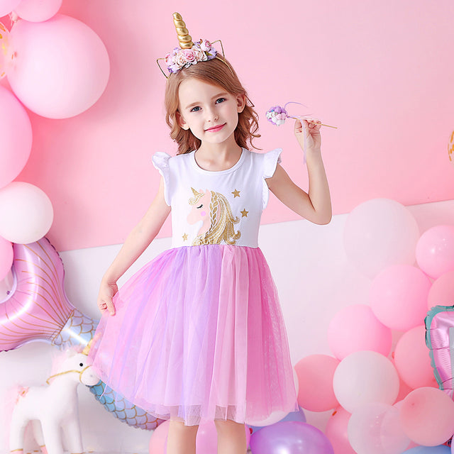 DXTON Girls Clothes 2022 New Summer Princess Dresses Flying Sleeve Kids Dress Unicorn Party Girls Dresses Children Clothing 3-8Y