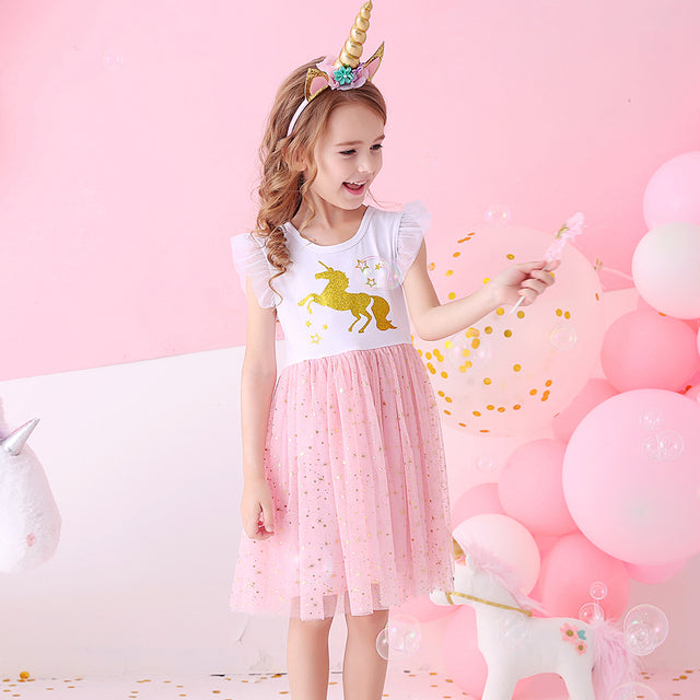 DXTON Girls Clothes 2022 New Summer Princess Dresses Flying Sleeve Kids Dress Unicorn Party Girls Dresses Children Clothing 3-8Y