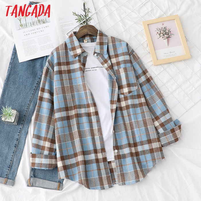 Tangada Women Oversized Plaid Print Boyfriend Style Shirt  Long Sleeve Chic Female Casual Loose Shirt BAO4