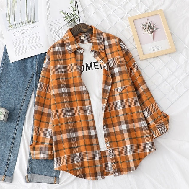 Tangada Women Oversized Plaid Print Boyfriend Style Shirt  Long Sleeve Chic Female Casual Loose Shirt BAO4